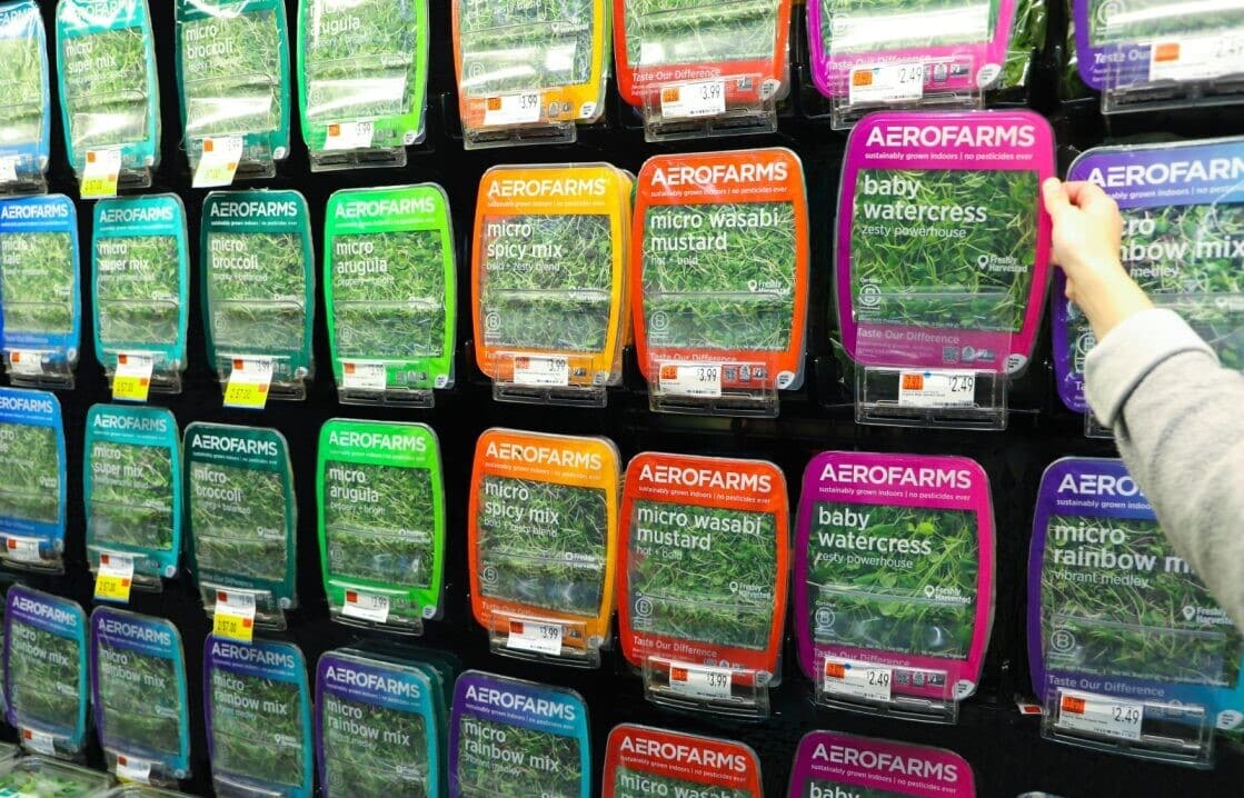 Photo of AeroFarms microgreens on a retail shelf